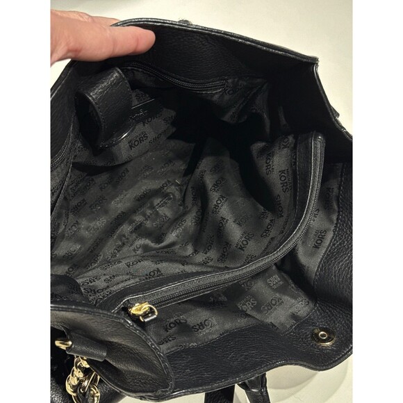 Michael Kors Hamilton Black Leather Tote Bag Shoulder Strap Medallion 15"x10"x4" - Picture 10 of 13